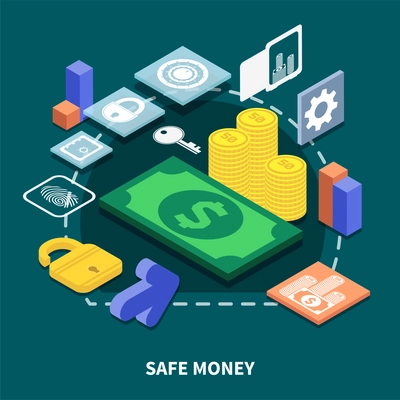 Isometric concept of secure financial transaction on dark background 3d vector illustration