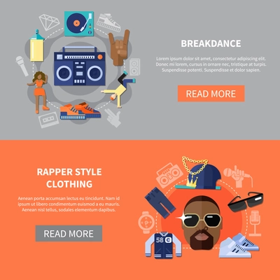 Horizontal banners with rapper style clothing and breakdance isolated on grey and orange background  flat vector illustration