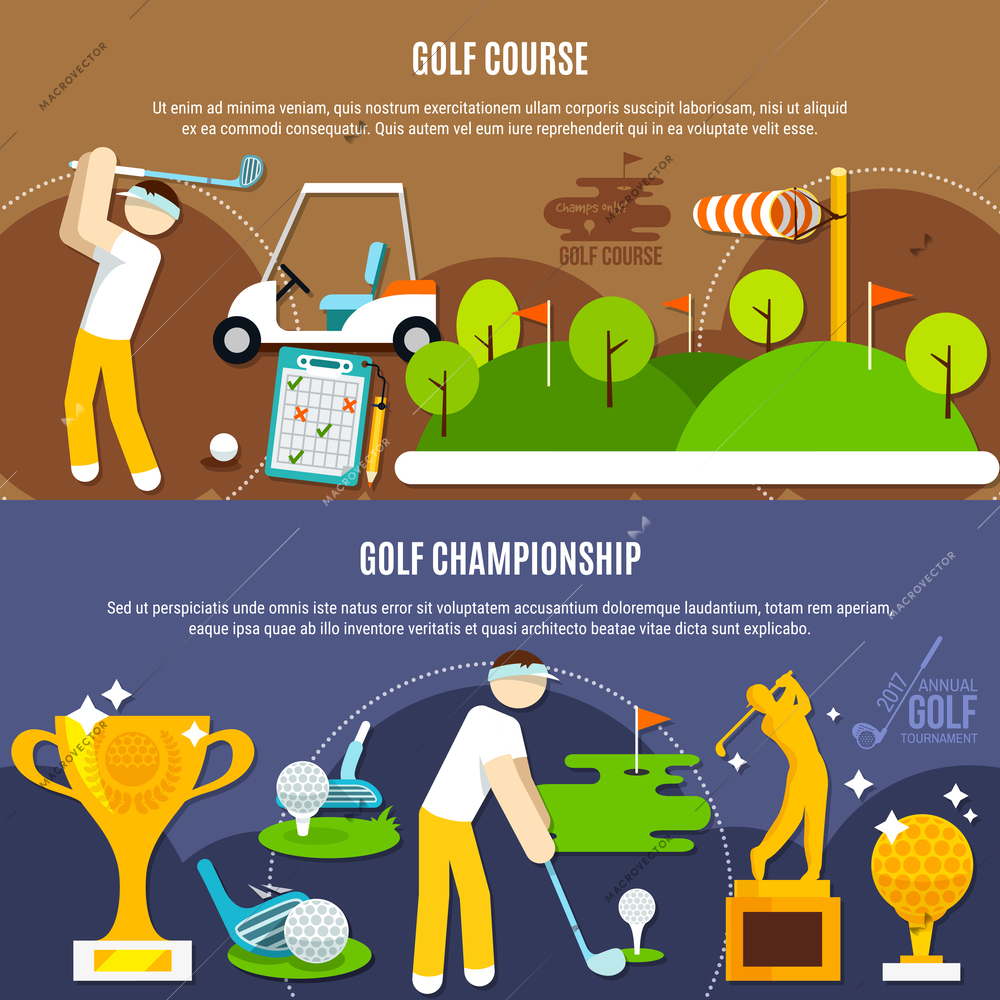 Golf competition horizontal banners with players, green course with flags, clubs and balls, trophies isolated vector illustration