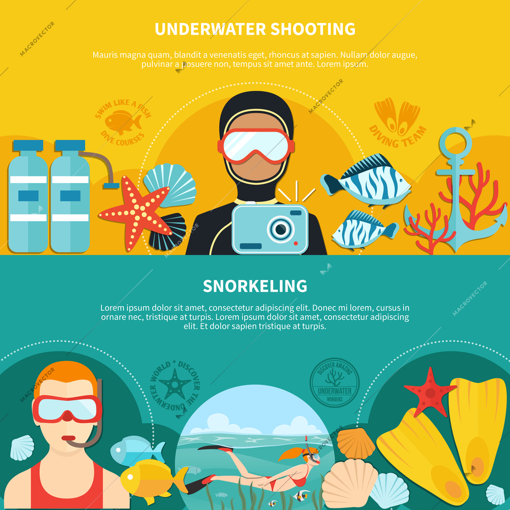 Diving horizontal banners with underwater shooting and snorkeling on yellow and turquoise backgrounds isolated vector illustration