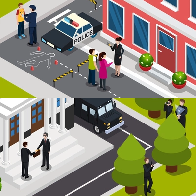 Horizontal isometric banners with special agent at crime scene and during briefcase transfer isolated vector illustration