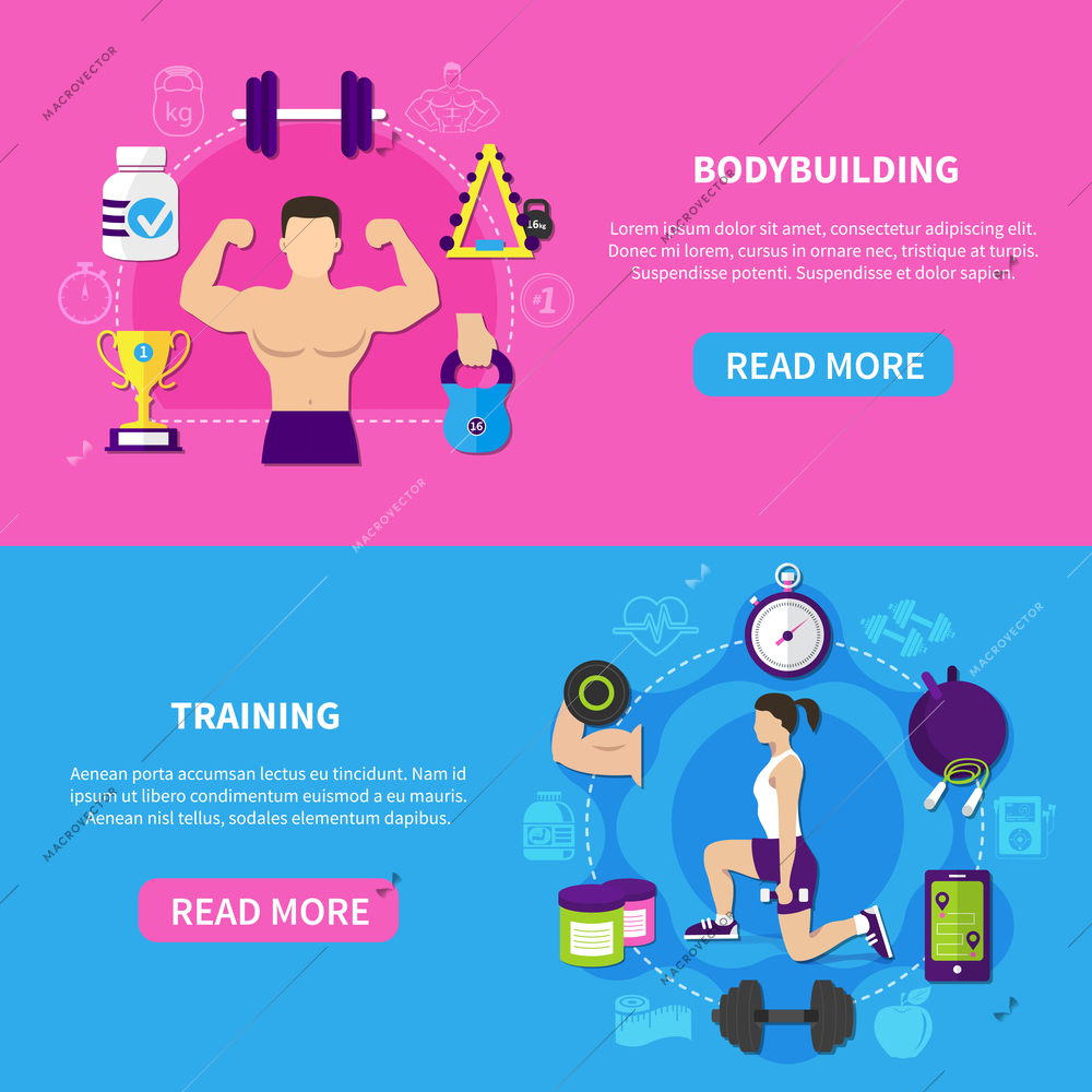 Set of horizontal banners with bodybuilding and fitness training on pink and blue background isolated vector illustration