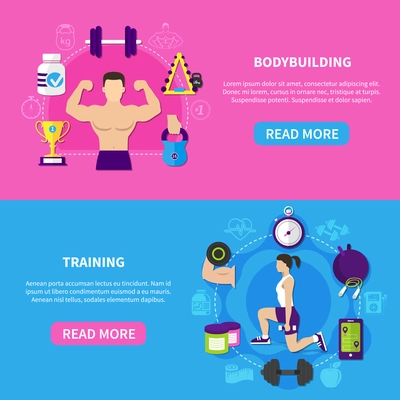 Set of horizontal banners with bodybuilding and fitness training on pink and blue background isolated vector illustration