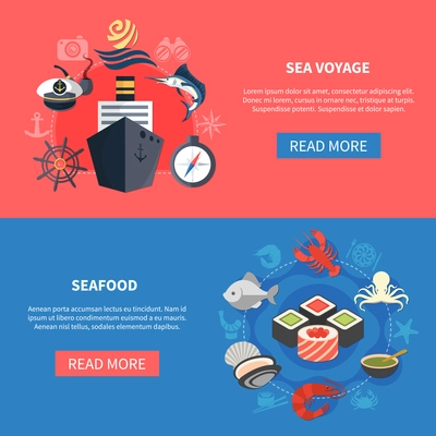 Sea travel horizontal banners set with seafood symbols flat isolated vector illustration