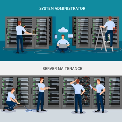 Server maintenance horizontal banners set with technology symbols flat isolated vector illustration