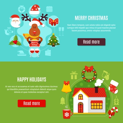 Set of horizontal flat banners with merry christmas composition and happy holidays at home isolated vector illustration