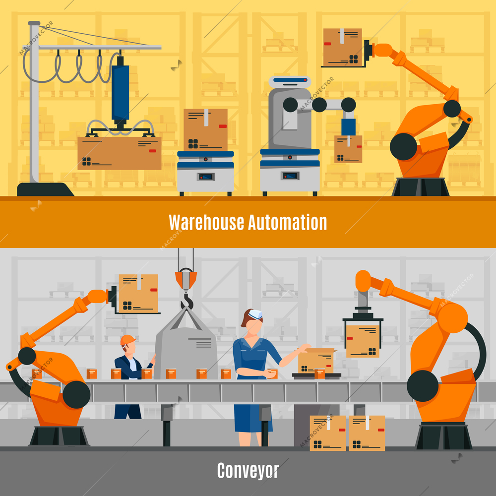 Warehouse automation horizontal banners set with conveyor symbols flat isolated vector illustration