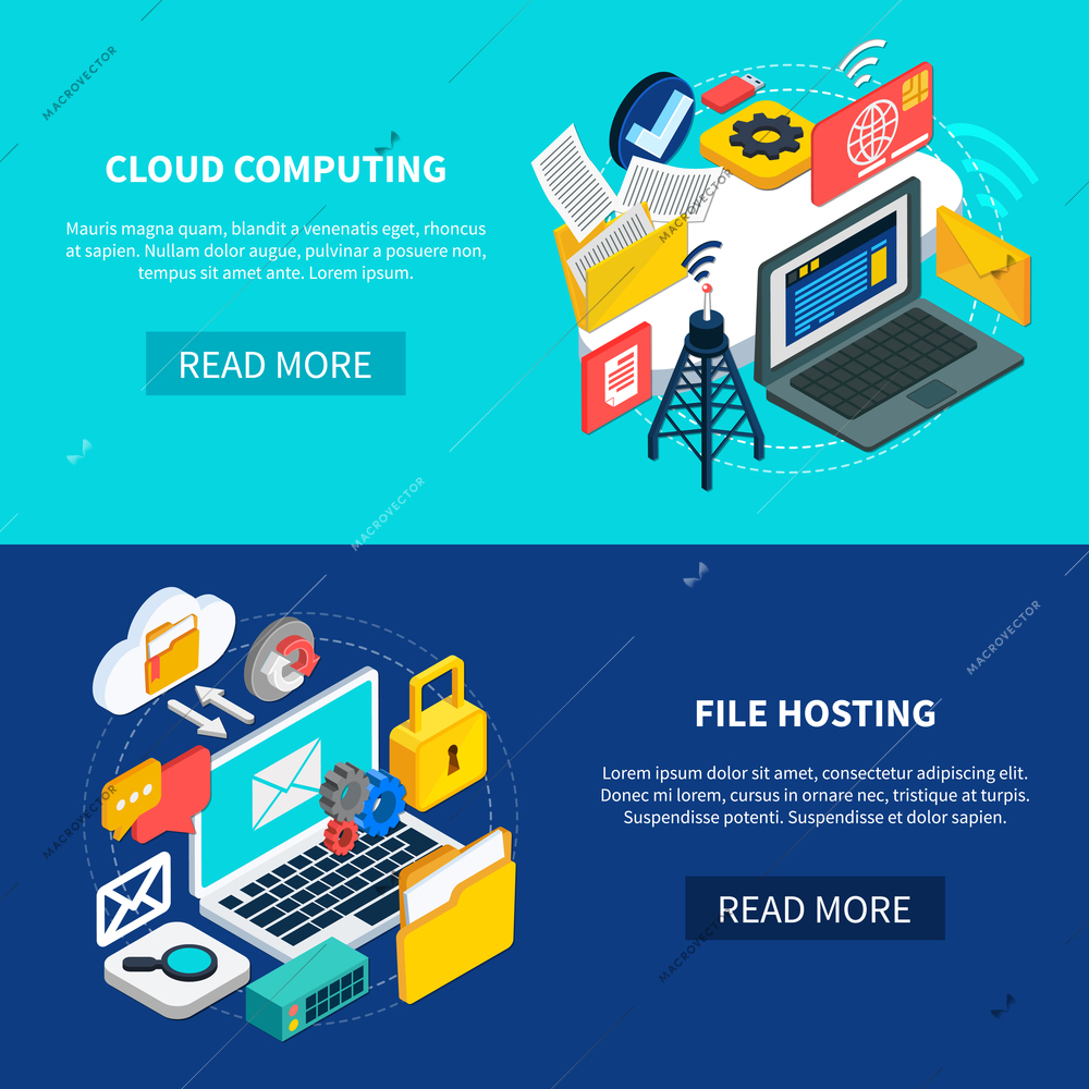 Cloud services horizontal banners with cloud computing and file hosting isometric decorative icons set 3d vector illustration