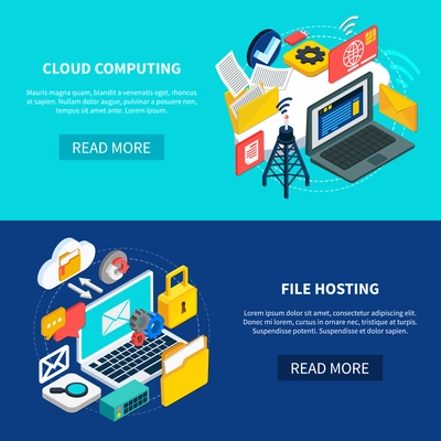 Cloud services horizontal banners with cloud computing and file hosting isometric decorative icons set 3d vector illustration