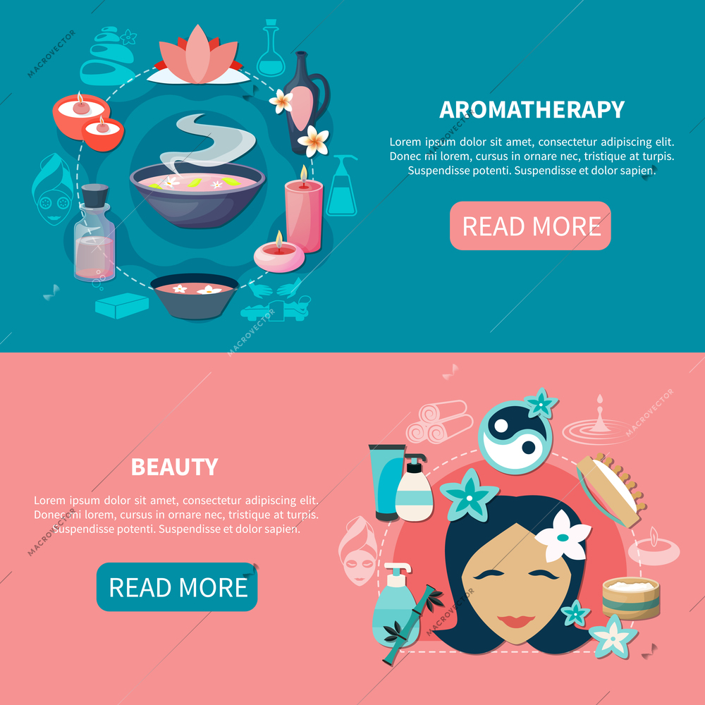 Spa wellness resort 2 flat banners webpage design with essential oils aromatherapy and beauty isolated vector illustration