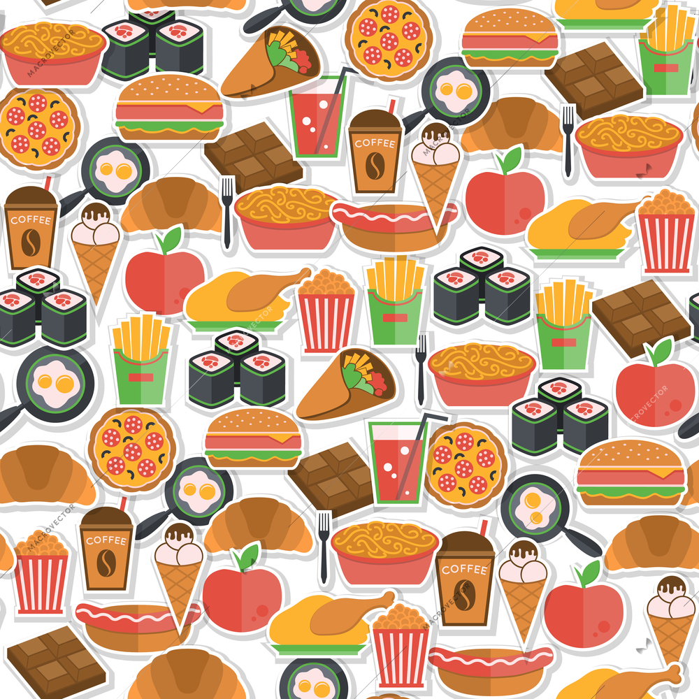 Fast food stickers icons seamless pattern with pizza icecream croissant  vector illustration