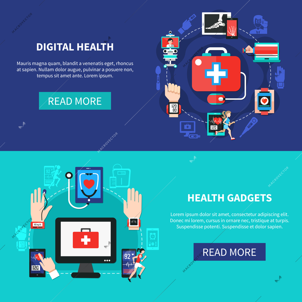 Digital health solutions products online 2 flat horizontal banners webpage design with mobile devices isolated vector illustration