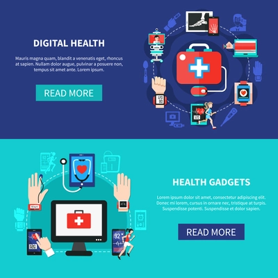 Digital health solutions products online 2 flat horizontal banners webpage design with mobile devices isolated vector illustration