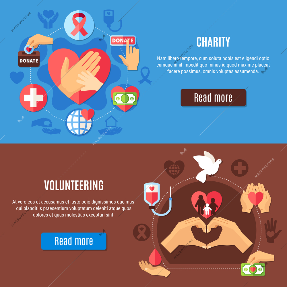 Charity horizontal banners collection with read more button editable text and volunteering pictograms with silhouette icons vector illustration