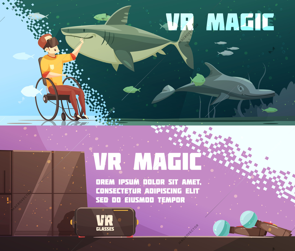 Virtual reality magic 2 horizontal cartoon banners with gaming accessories and VR underwater experience isolated vector illustration