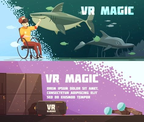 Virtual reality magic 2 horizontal cartoon banners with gaming accessories and VR underwater experience isolated vector illustration