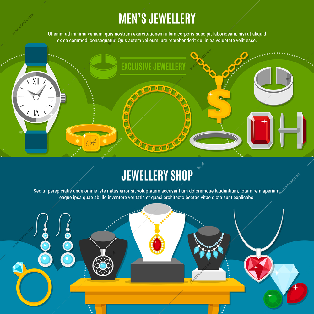 Jewelry shop horizontal banners with mens valuables, female decorations on blue and green backgrounds isolated vector illustration