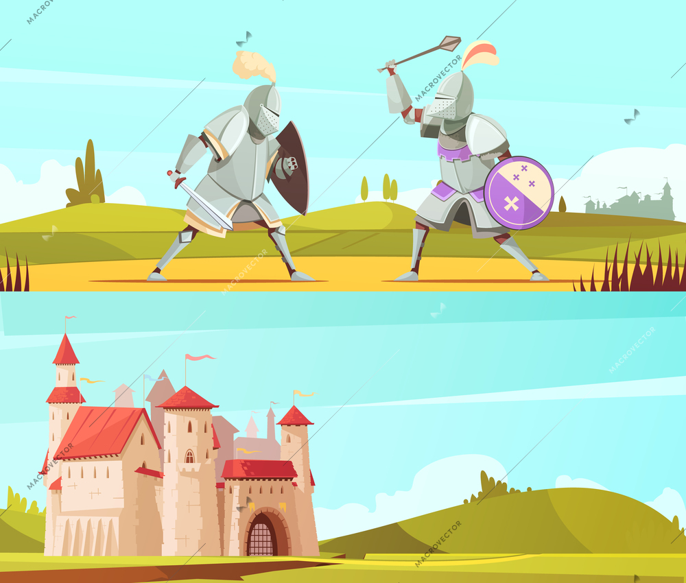 Medieval horizontal cartoon banners set with castle and fighting knights in full body armor suits vector illustration