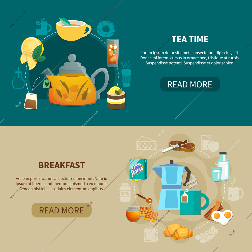 Horizontal banners with tea time and breakfast isolated on green and beige background flat vector illustration