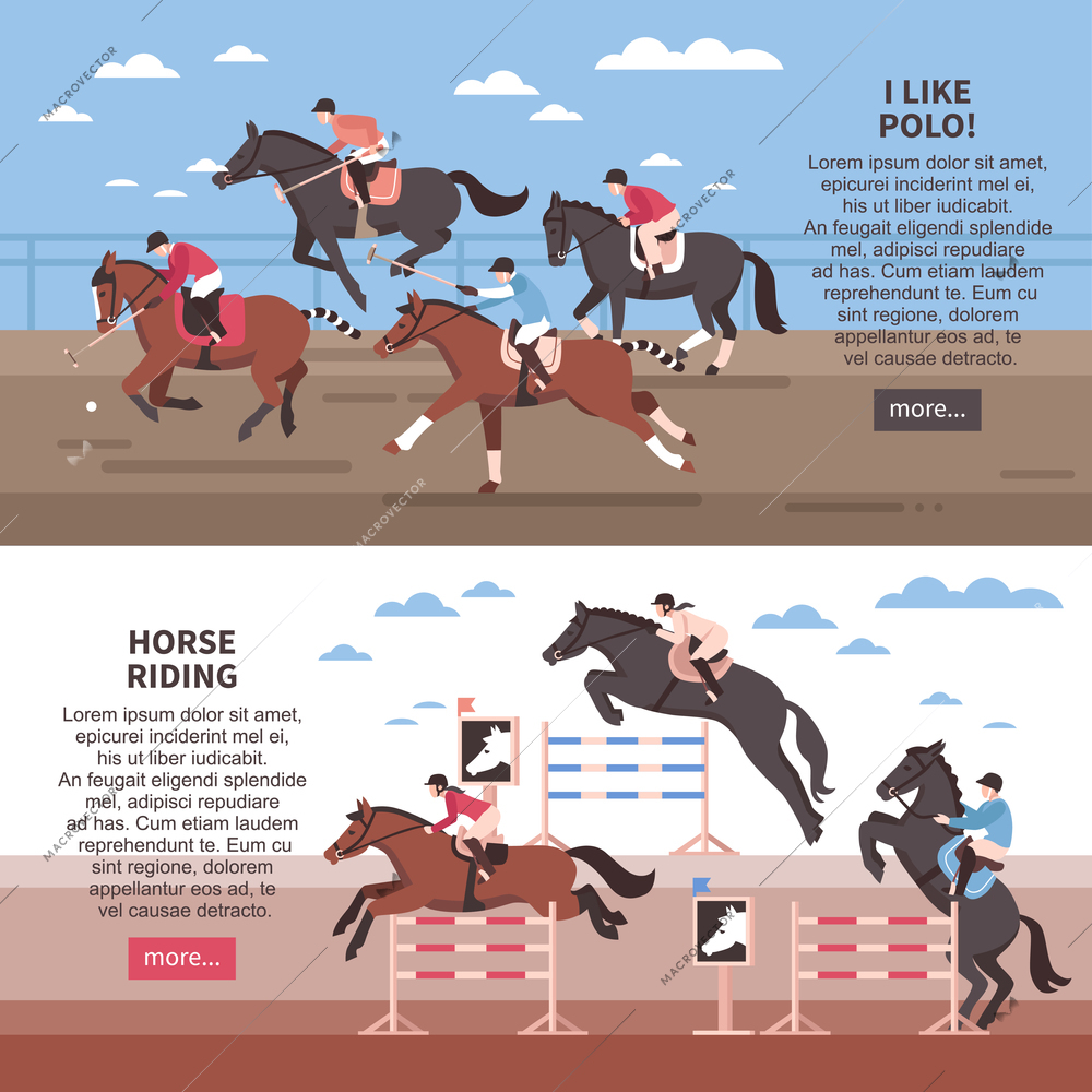 Flat horizontal banners with horse riding with hurdles and polo players  during game isolated vector illustration