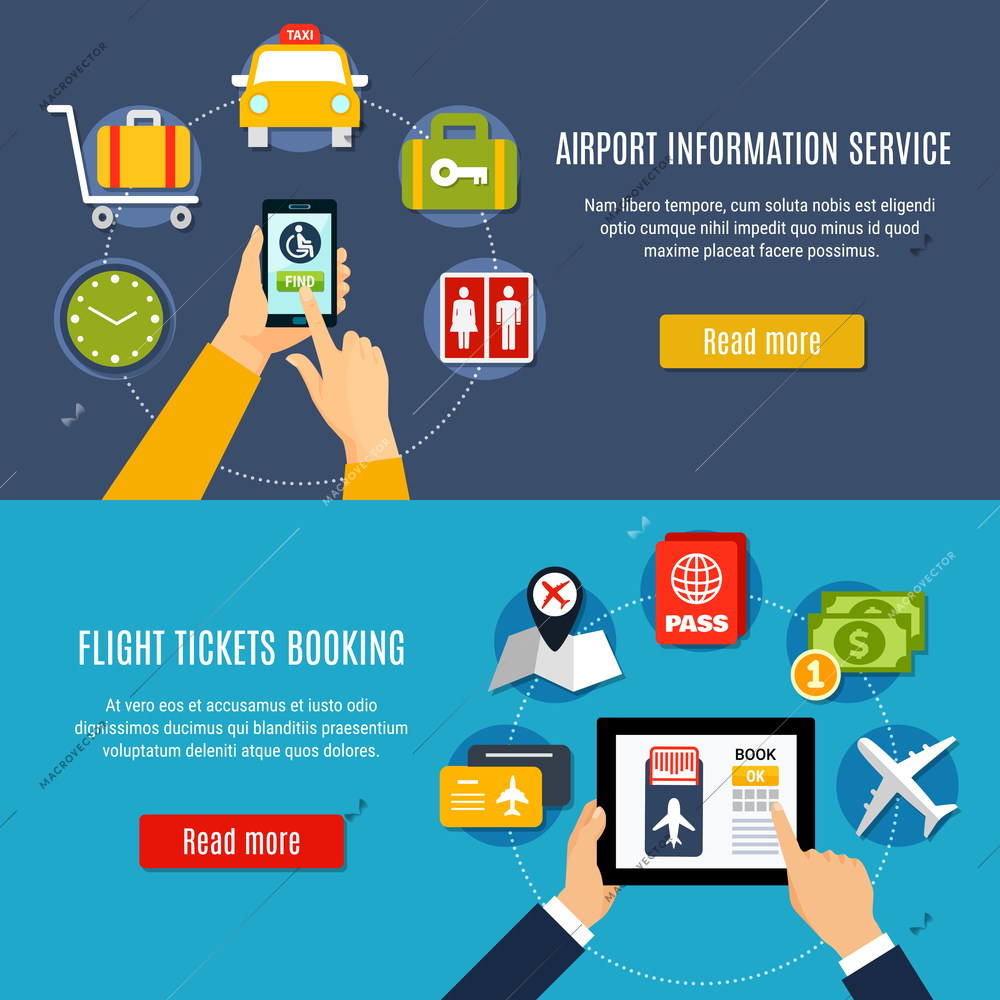 Airport information online service with flight tickets booking 2 flat horizontal banners webpage design isolated vector illustration