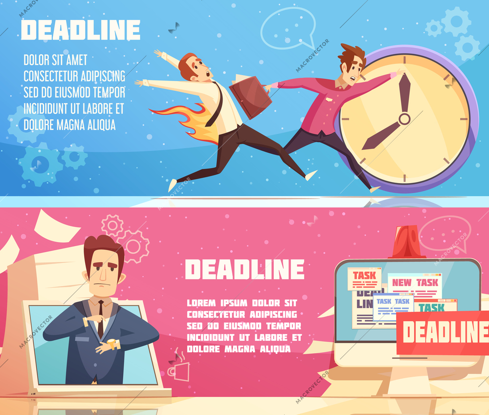 Workloads deadline pressures work stress for managers leaders and burning out cartoon symbols 2 horizontal banners vector illustration