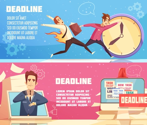 Workloads deadline pressures work stress for managers leaders and burning out cartoon symbols 2 horizontal banners vector illustration