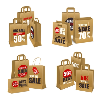 Set of four paper shopping bag groups intended for sale goods in realistic style isolated vector illustration