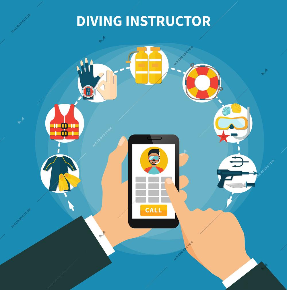 Diving instructor composition with smartphone in male hands, scuba gear and safety equipment, hunting weapon vector illustration