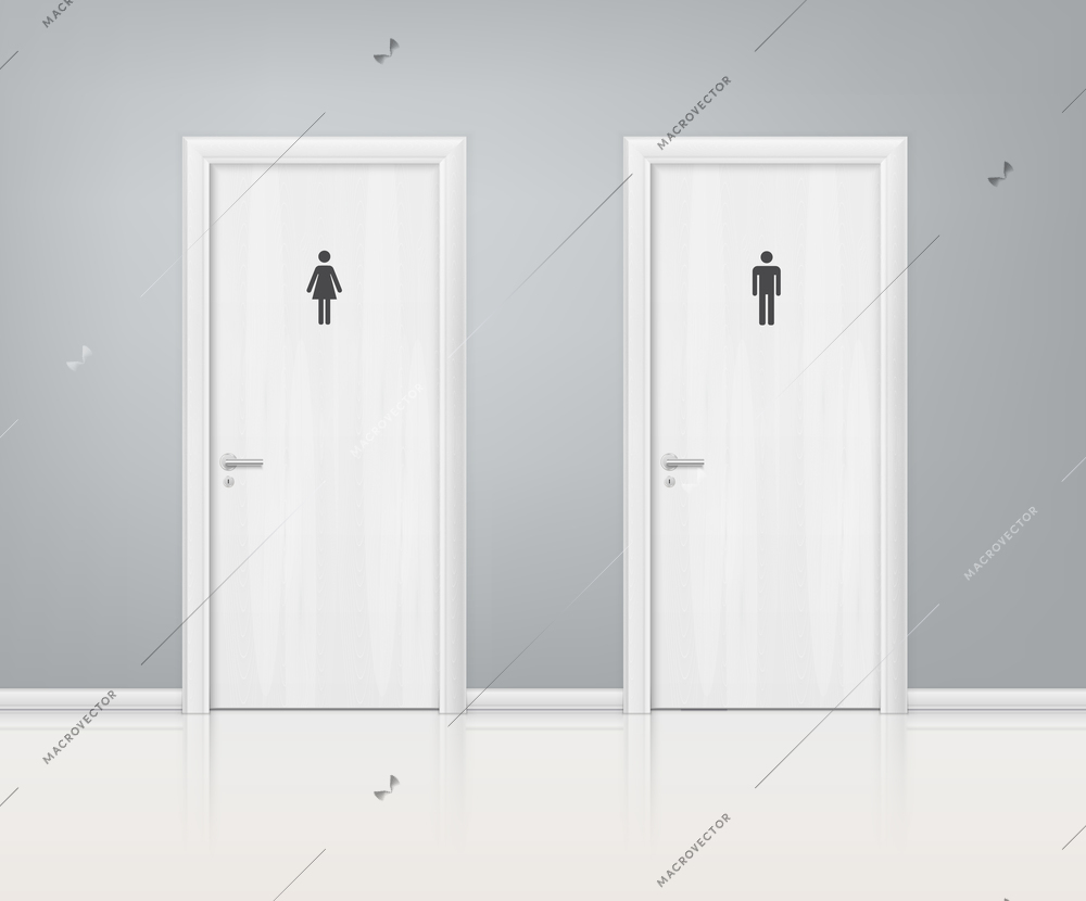 Two white wooden doors wc realistic composition for for men and women with inscription on the door vector illustration