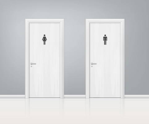 Two white wooden doors wc realistic composition for for men and women with inscription on the door vector illustration