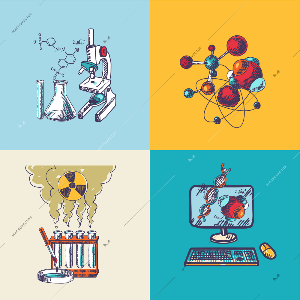 Four decorative principal chemistry scientific dna molecule formula research computer tools isolated icons doodle sketch vector illustration