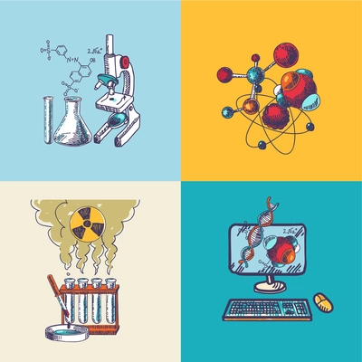 Four decorative principal chemistry scientific dna molecule formula research computer tools isolated icons doodle sketch vector illustration