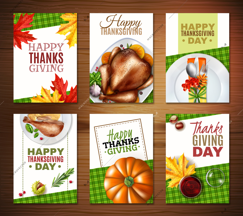 Six colored and realistic turkey thanksgiving day banner set with happy thanks giving and thanks giving day headlines vector illustration