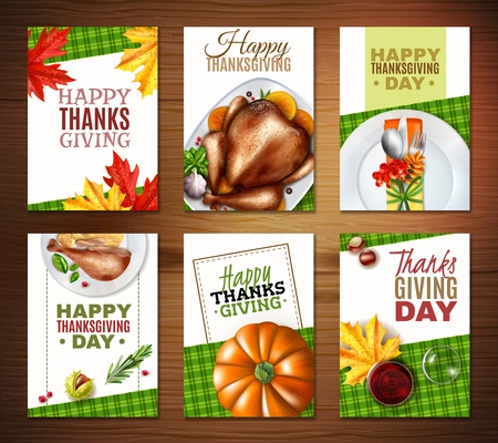 Six colored and realistic turkey thanksgiving day banner set with happy thanks giving and thanks giving day headlines vector illustration