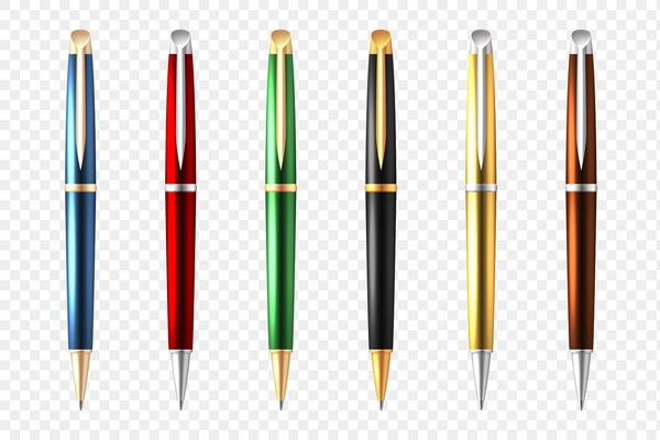 Colored and realistic business pen transparent icon set multicolored premium quality style with bright vector illustration