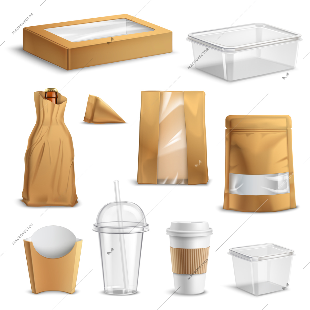 Fastfood empty packages realistic set with clear plastic coke cup paper bags and containers isolated vector illustration