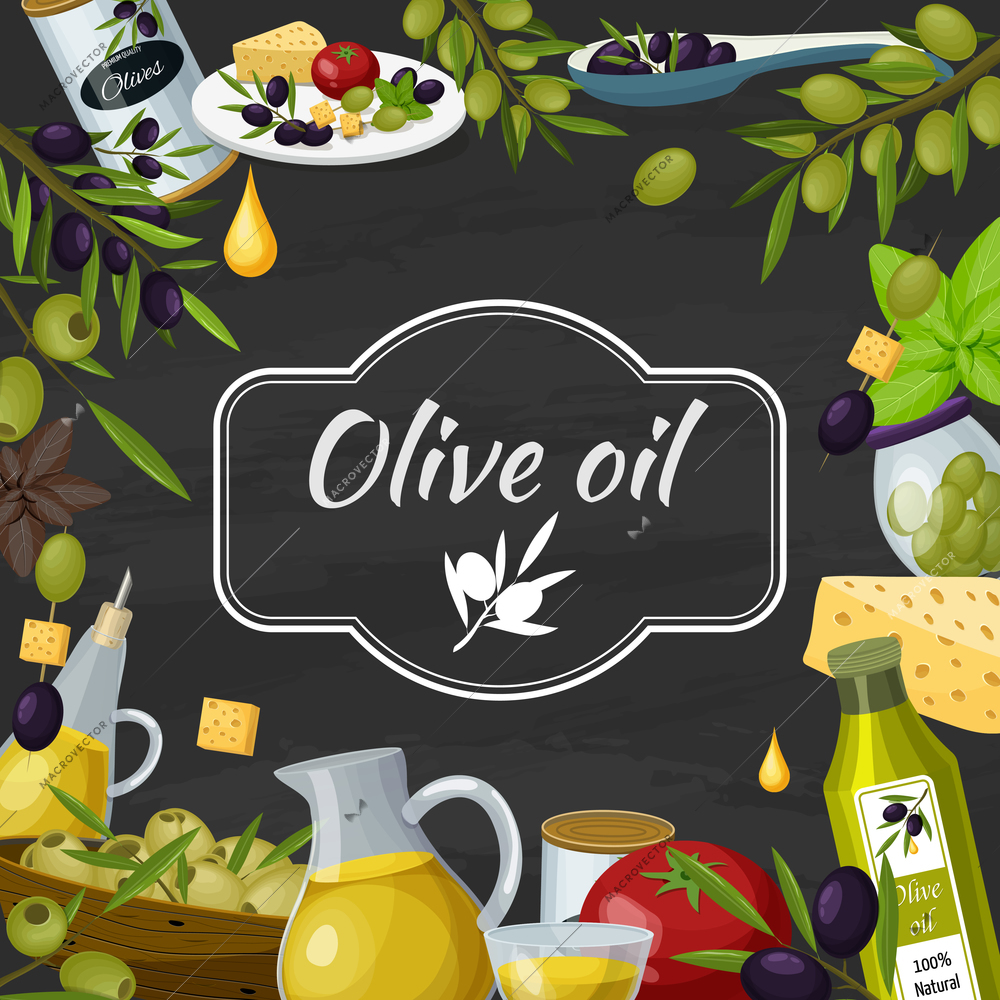 Olive cartoon blackboard composition poster  with  chalkboard text oil keiraaf twigs tomato cheese mediterranean diet vector illustration