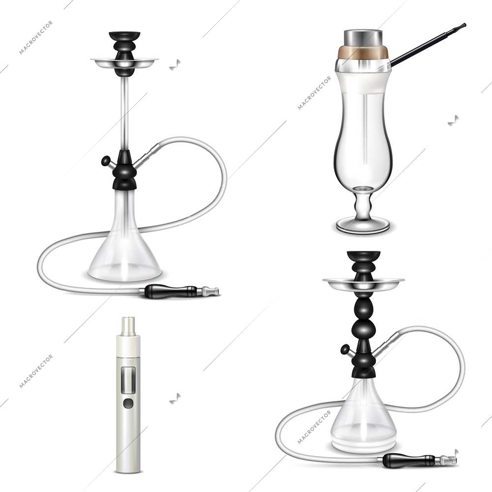 Colored hookah realistic icon set with different styles of hookahs and vape vector illustration