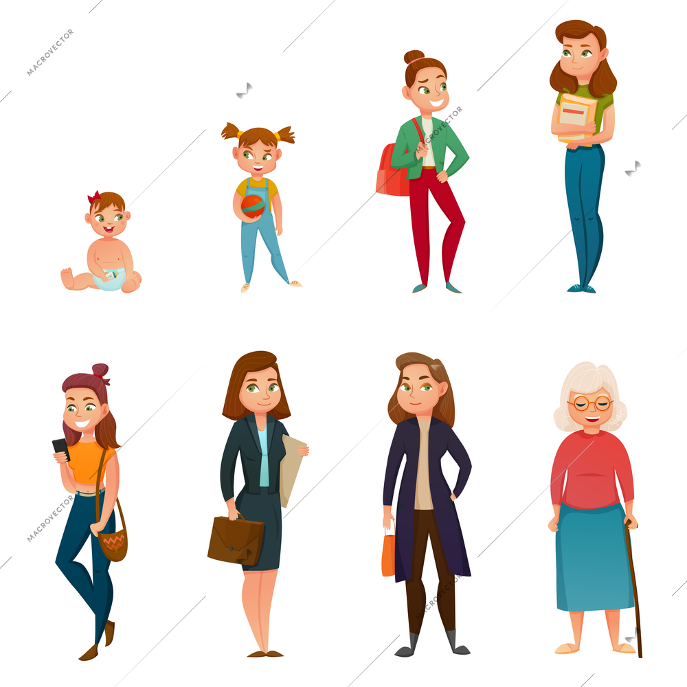 Woman life cycle from childhood to old age including school time, youth and maturity isolated vector illustration