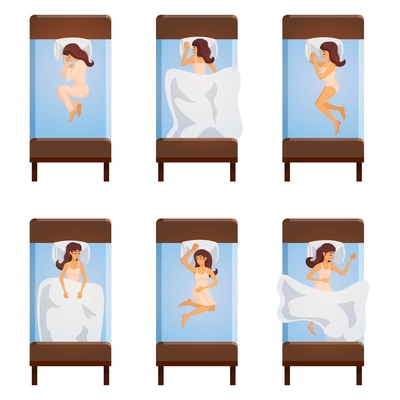 Top view of sleeping women lying on single bed in different poses isolated decorative icons set vector illustration