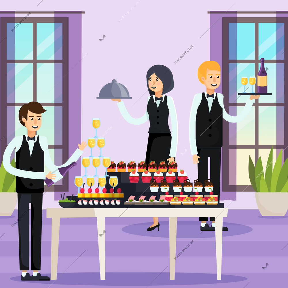 Catering orthogonal composition with waiters with trays and bottles, table with drinks, snacks and dessert vector illustration