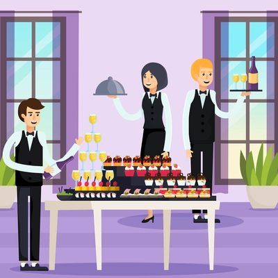 Catering orthogonal composition with waiters with trays and bottles, table with drinks, snacks and dessert vector illustration