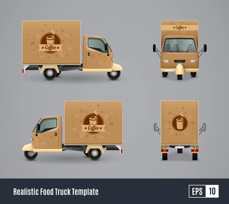 Food trucks realistic ad template design vector illustration with four isolated views of three wheeler car vector illustration