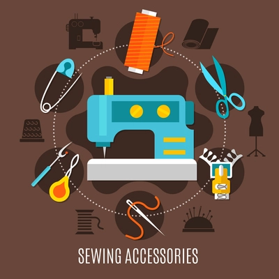 Sewing accessories concept with needles pins and thread flat vector illustration