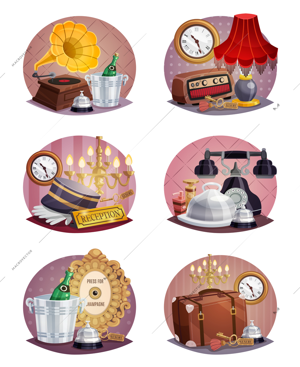 Colored vintage hotel round poster set with luggage reception card ring key phone and other elements vector illustration