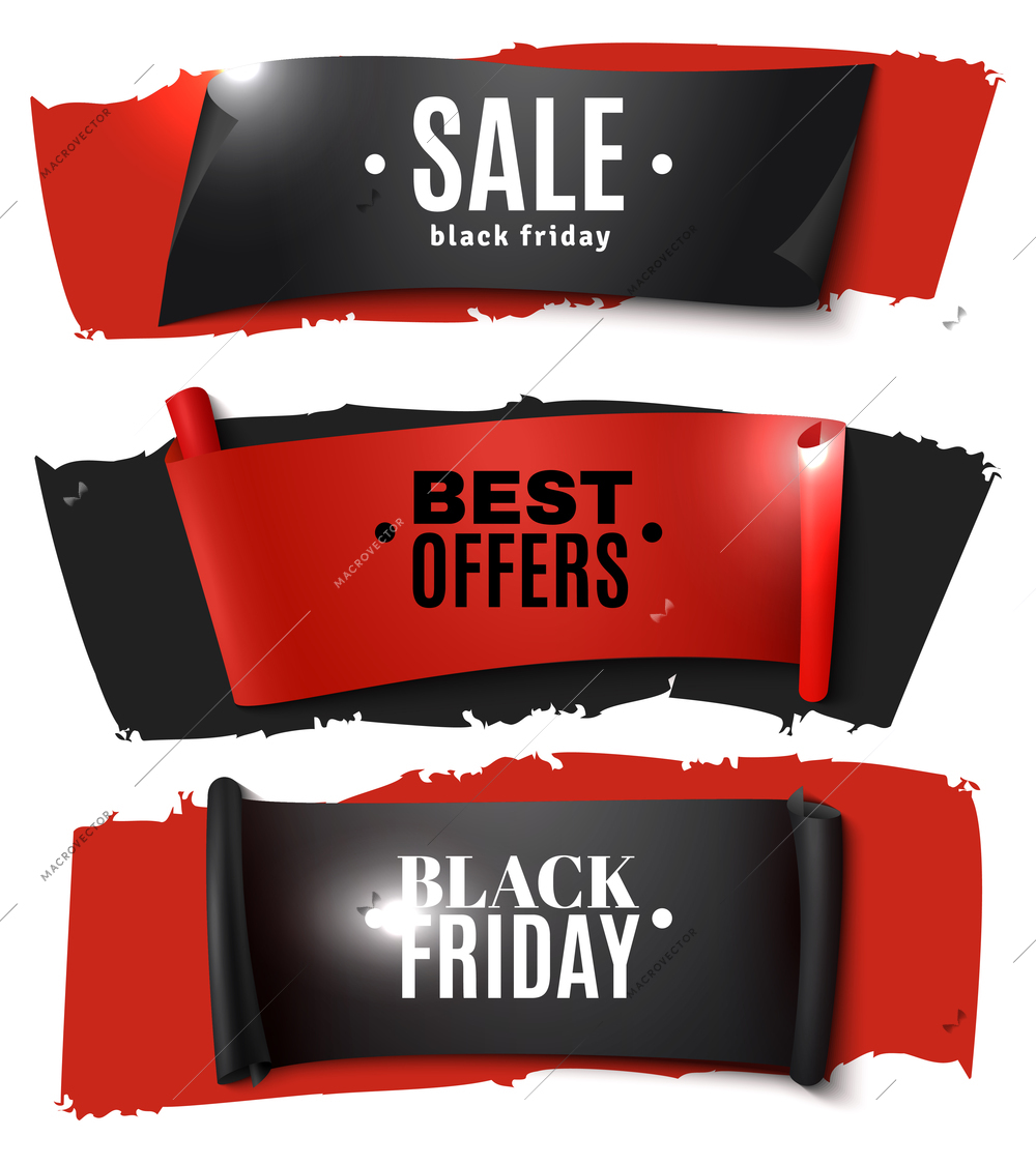 Three horizontal black friday paper banner set with black and red ribbons and best offer descriptions vector illustration