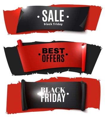 Three horizontal black friday paper banner set with black and red ribbons and best offer descriptions vector illustration