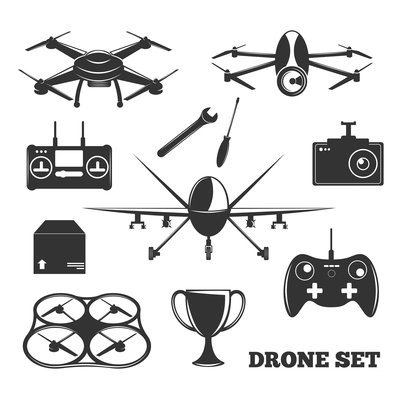 Monochrome set of drone elements with controller, photo camera, repair tools, package, trophy isolated vector illustration