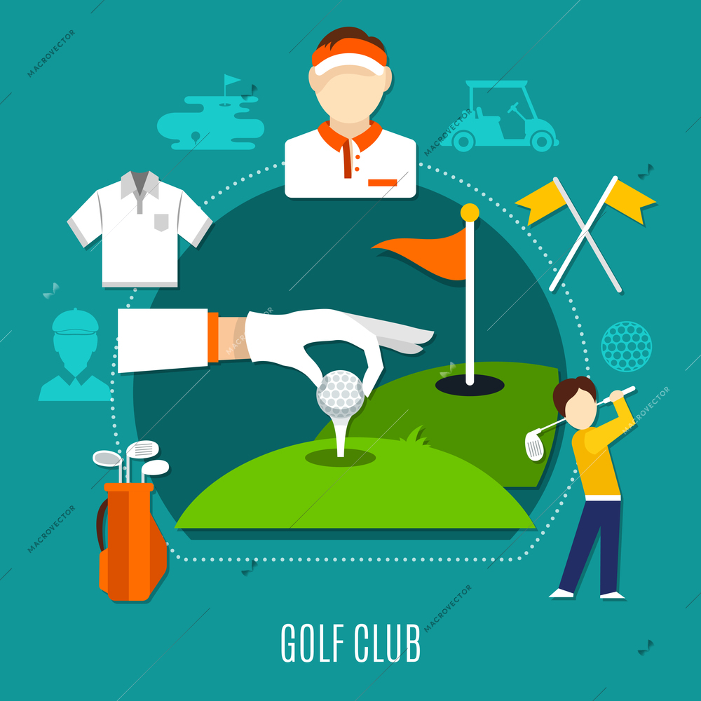 Golf club composition including hand putting ball on tee, players, sports equipment on blue background vector illustration